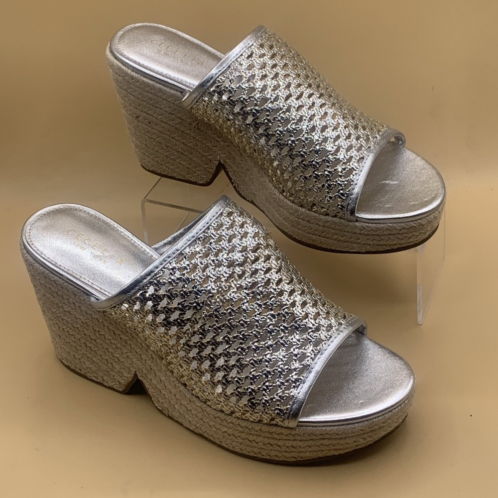 Cecelia New York Frisbee Platform Silver Mesh Slip On Open Toe Sandal Size 11